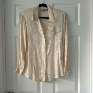 Vintage 100% Silk Jacqueline Ferrar Cream Colored Rose Printed Blouse